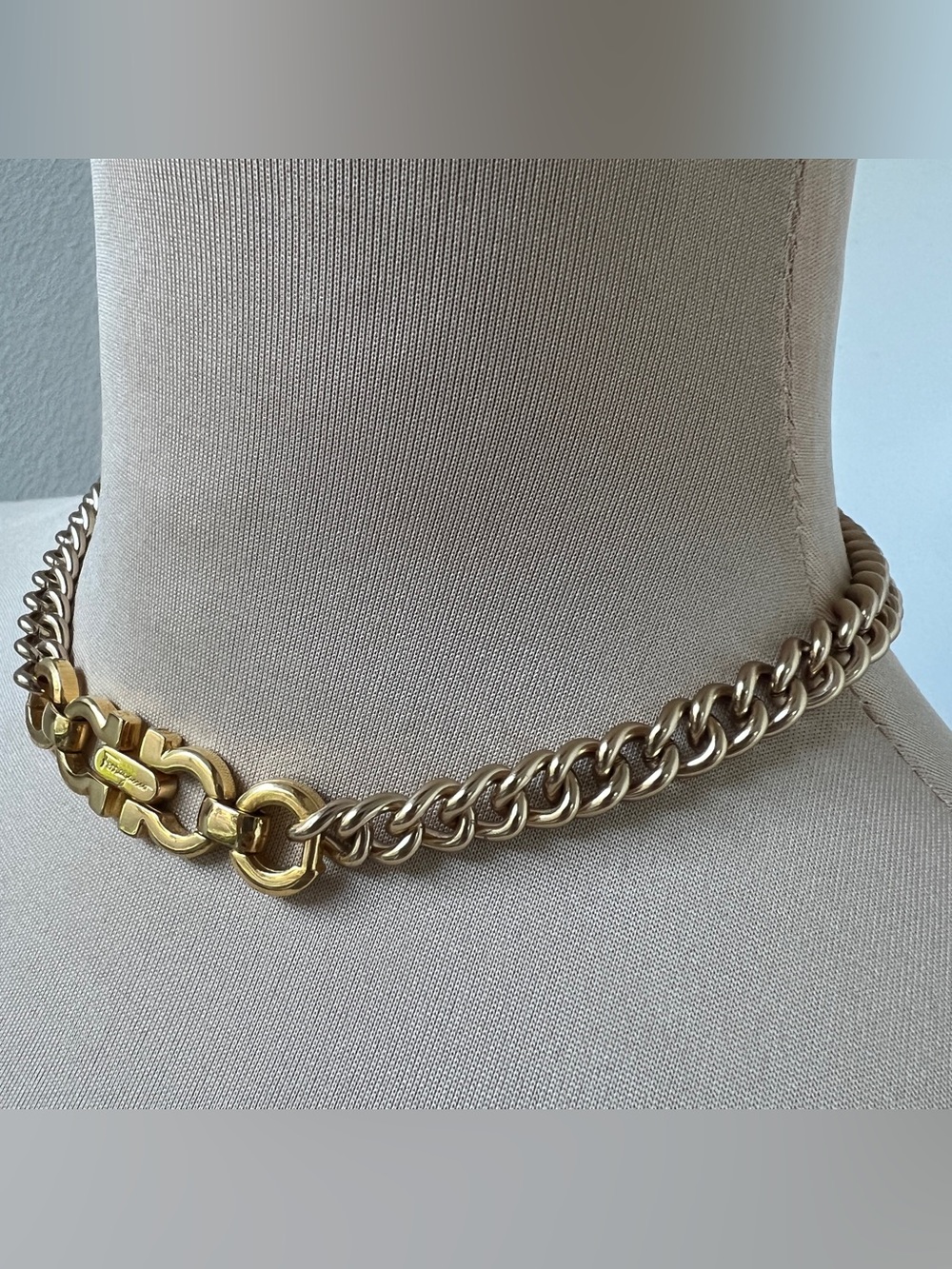 Custom Vintage Ferragamo Gancini Necklace Two Tone Gold Choker 15” - Picture 10 of 13